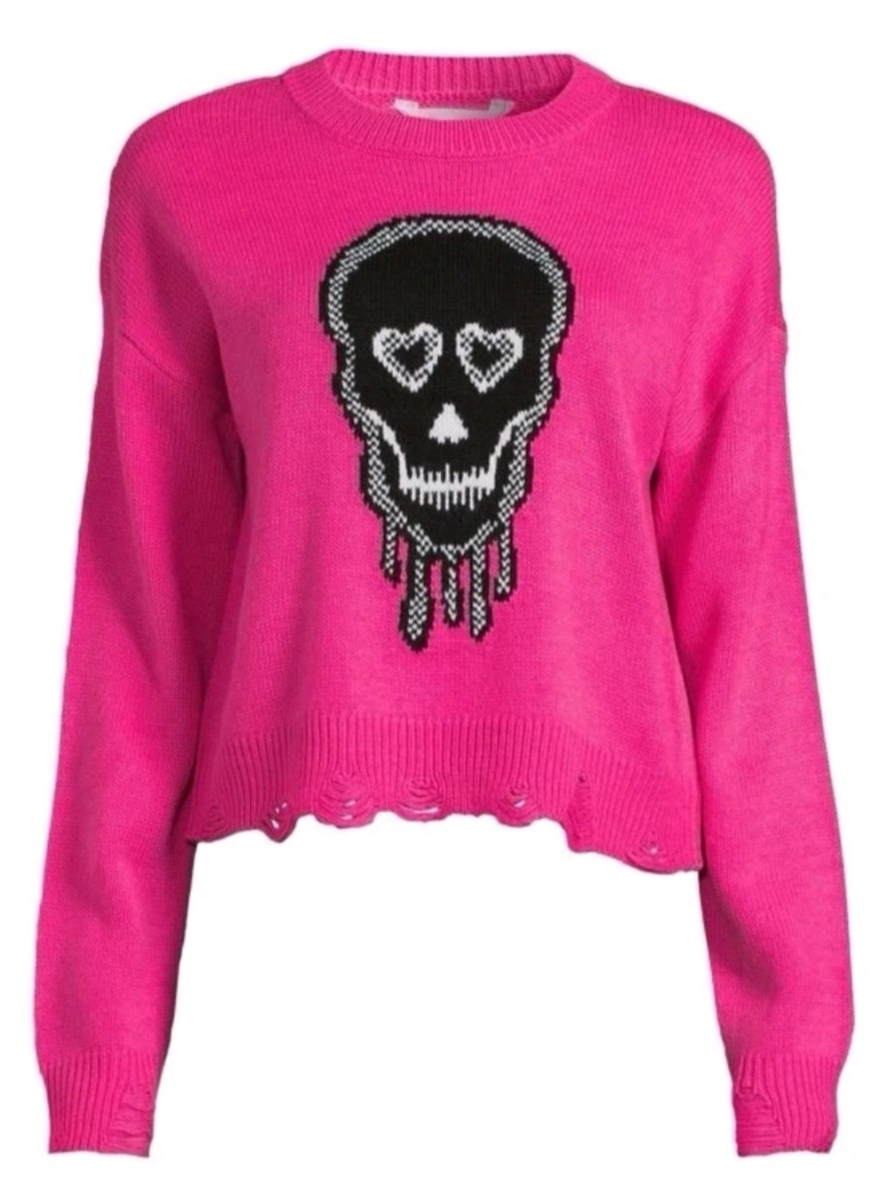 No Boundaries Hot Pink Crewneck Sweater with Black Skull